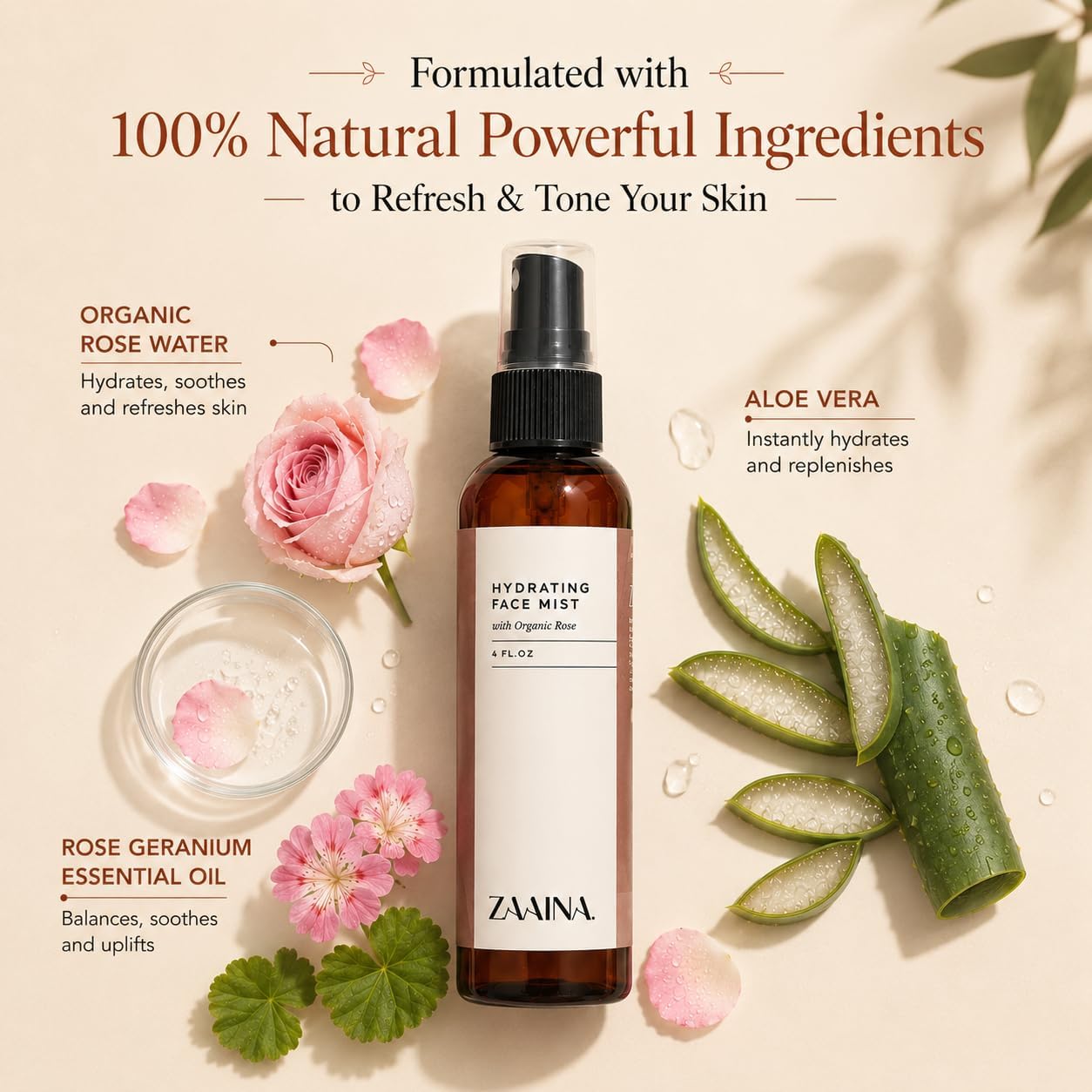 Organic Rose Water Spray with Aloe Vera for Face & Hair – Hydrating Facial Mist & Toner for Skin Care, Makeup Setting & Locs – Refreshing Pure Rose Water Mist, 4 Oz