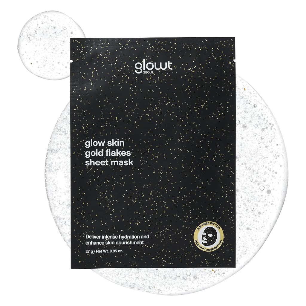 Glow Skin 24K Gold Flakes Sheet Mask – Unlock Your Plump, Dewy 'Glass Skin' Instantly | Deep Hydration, Firming, & Luminous Brightening | 10 Sheets
