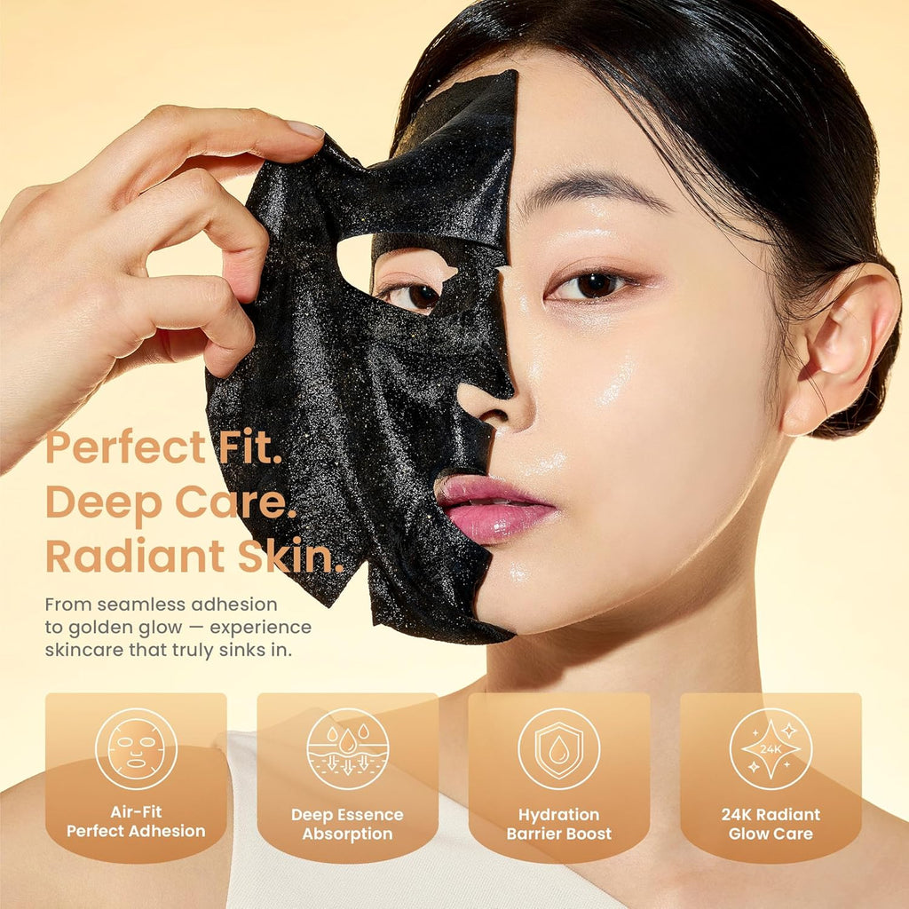 Glow Skin 24K Gold Flakes Sheet Mask – Unlock Your Plump, Dewy 'Glass Skin' Instantly | Deep Hydration, Firming, & Luminous Brightening | 10 Sheets